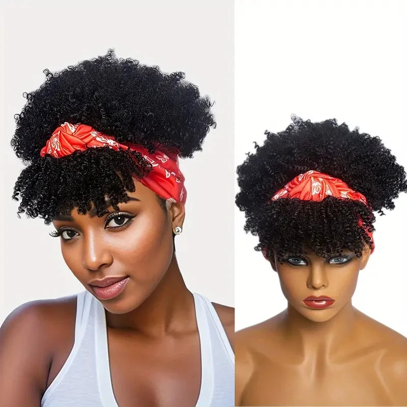 Short Kinky Curly Headband Synthetic Wigs With Bangs - Various Headband and Hair Colors Available