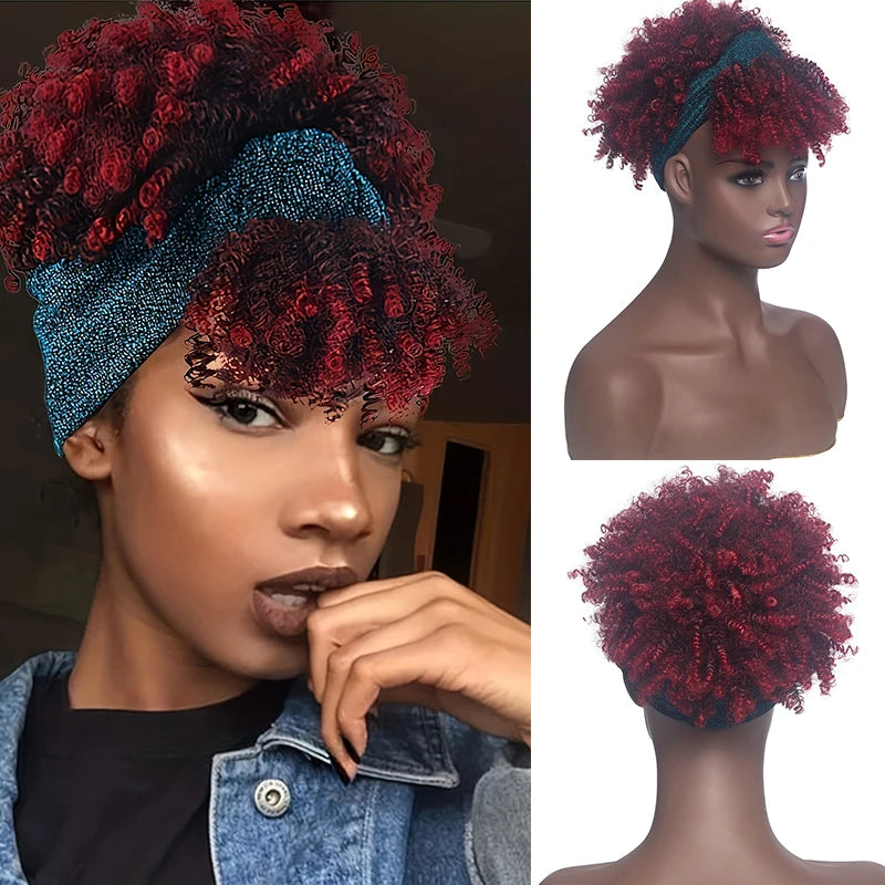 Short Kinky Curly Headband Synthetic Wigs With Bangs - Various Headband and Hair Colors Available