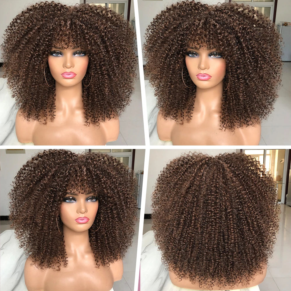 Synthetic Kinky Curly Wigs With Bangs - Various Colors Available