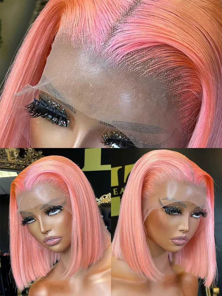 Rose Pink Short Straight Bob Pre Plucked HD Transparent Lace Front Human Hair Wig