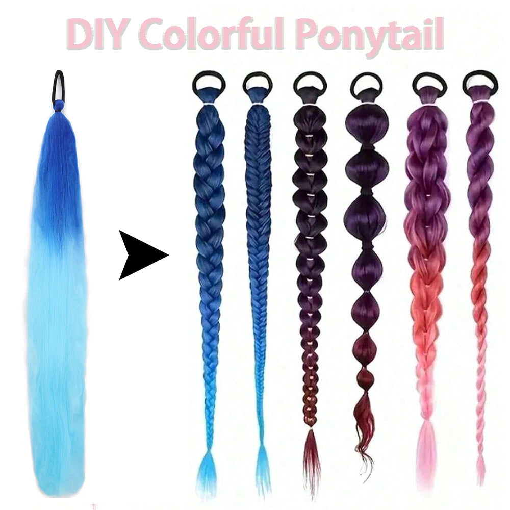 Synthetic Colorful 2Pcs Long Straight Ponytail Hairpiece with Rubber Band