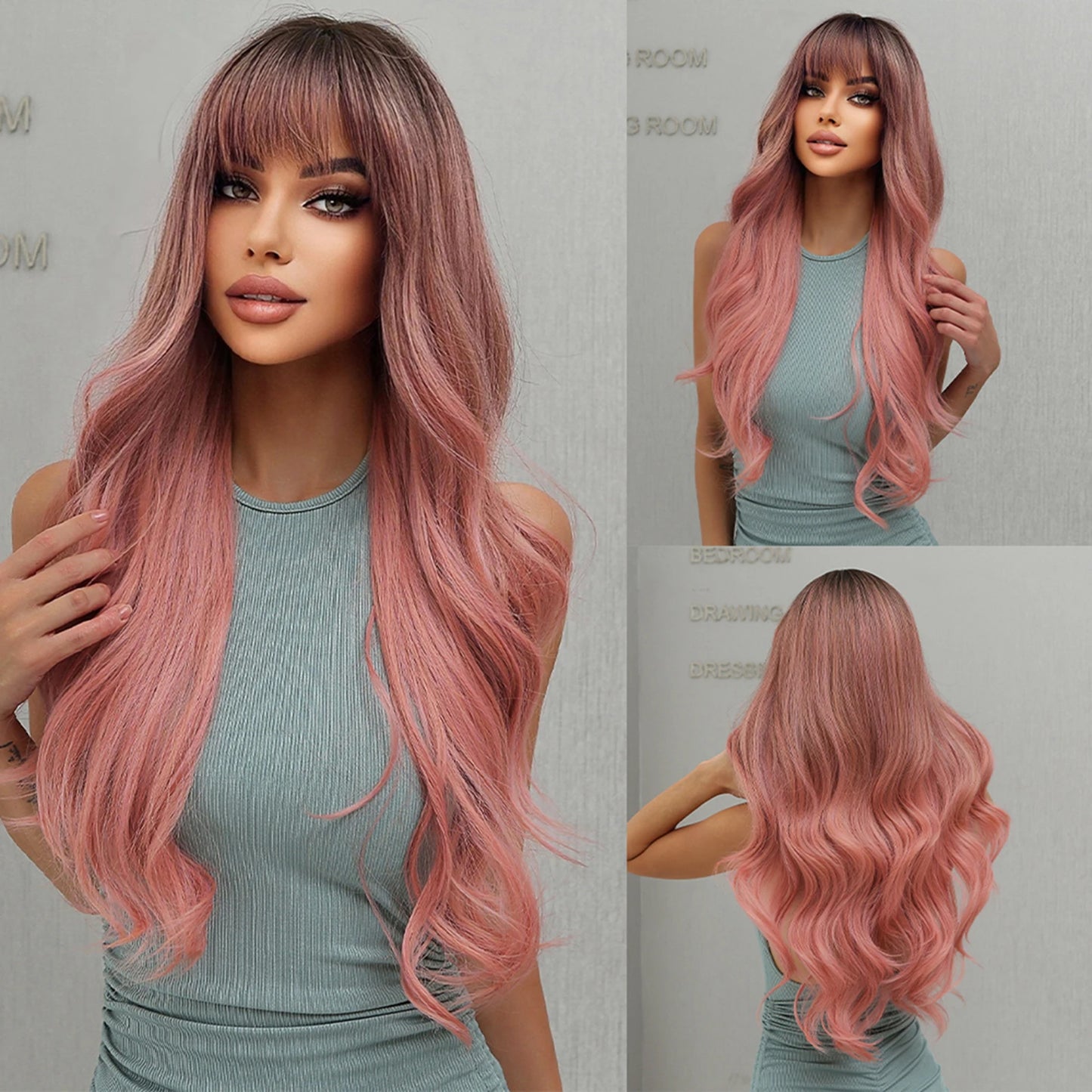 Long Wavy Synthetic Hair Wigs with Bangs - Various Colors Available