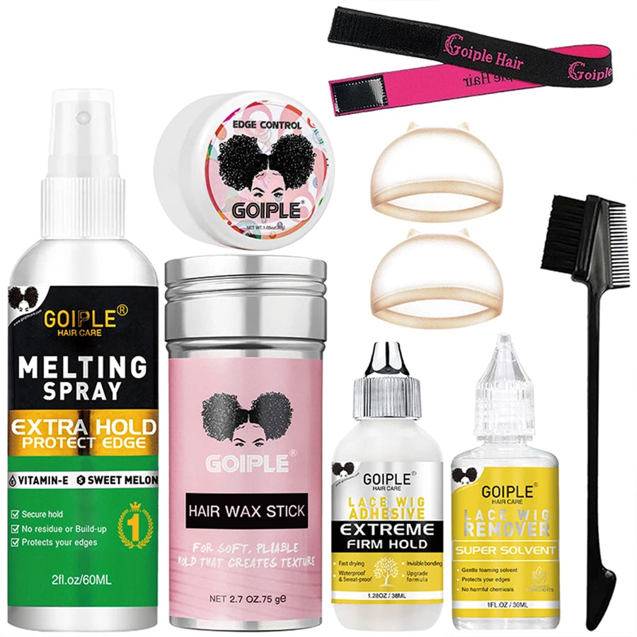 Lace Front Styling Kit - Melting Spray, Invisible Wig Glue (Waterproof) & Remover, Edge Control Gel Wax Stick and Wig Caps