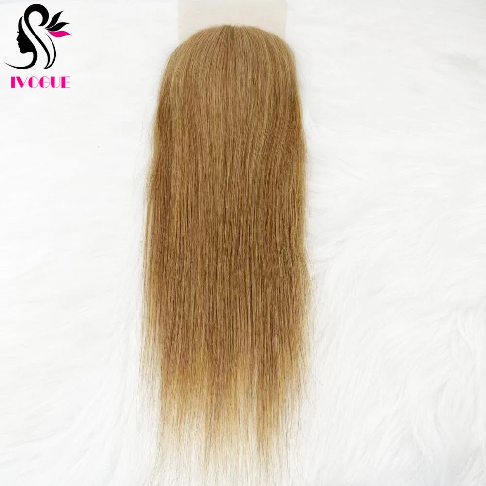 Golden Blonde #27 Human Hair Skin Base Silicone Silk Top Lace Closure Pre Plucked with Baby Hair & Free Part
