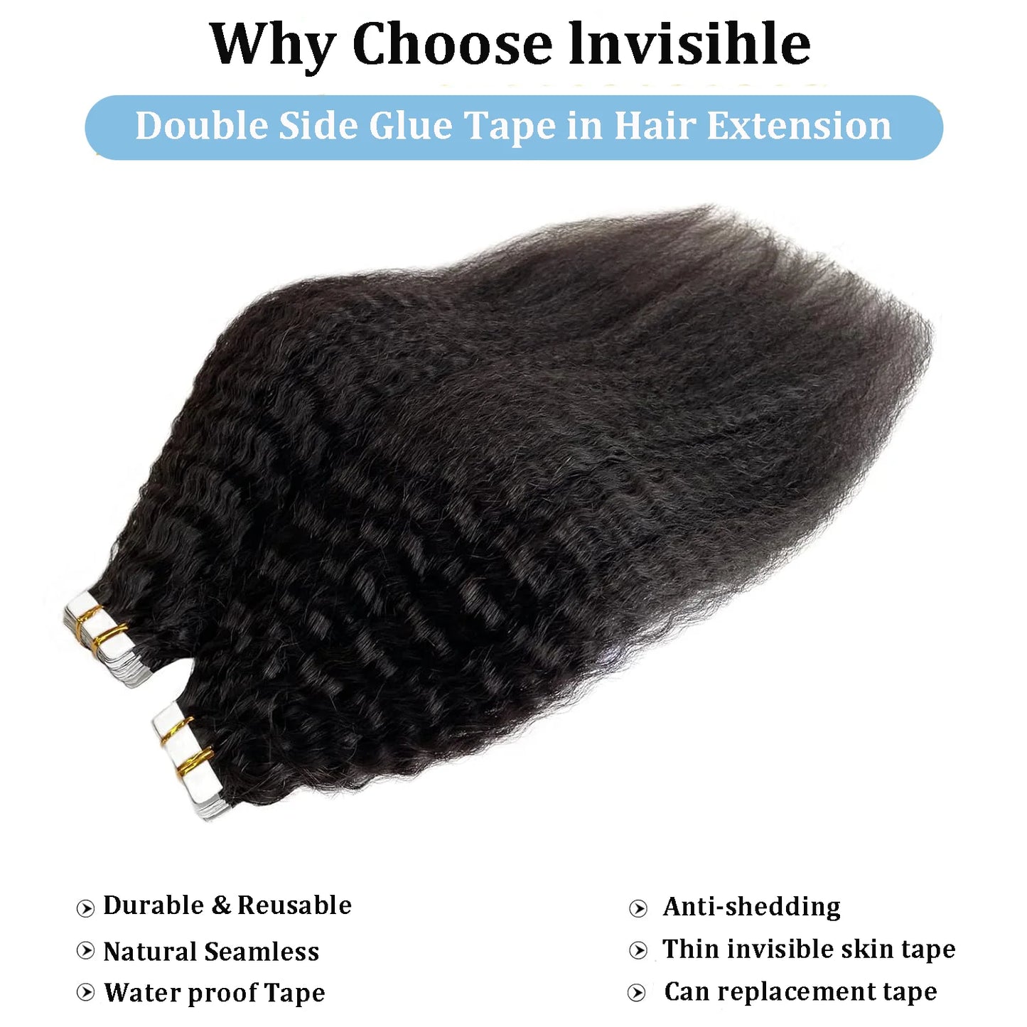 Yaki Straight Brazilian 100% Human Hair Adhesive Skin Weft Tape Ins