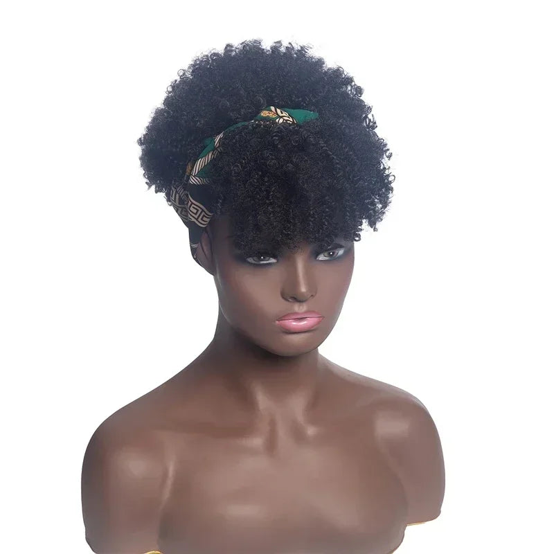 Short Kinky Curly Headband Synthetic Wigs With Bangs - Various Headband and Hair Colors Available