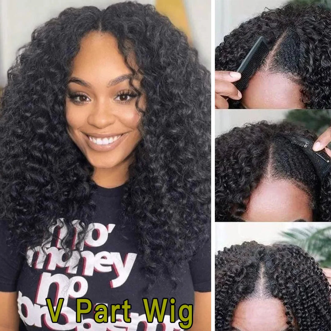 Kinky Curly V Part Human Hair Wig