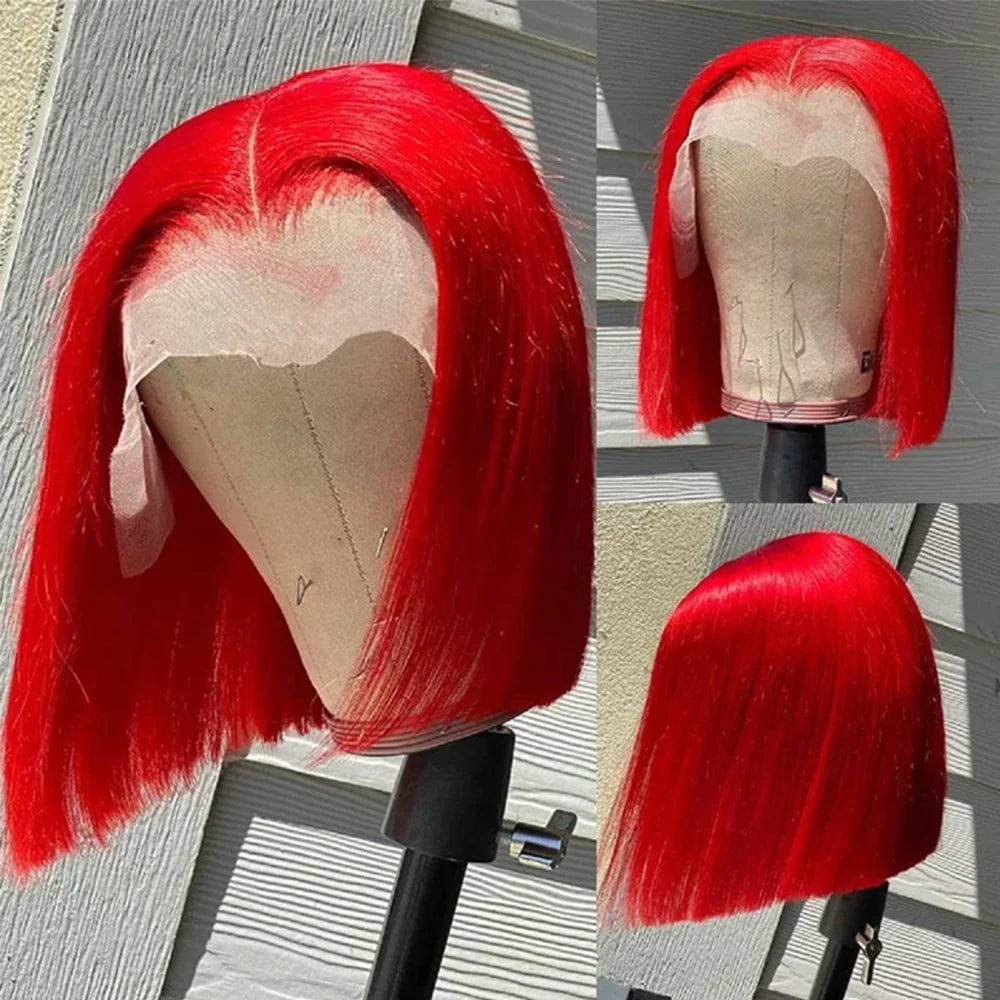 Rose Pink Short Straight Bob Pre Plucked HD Transparent Lace Front Human Hair Wig