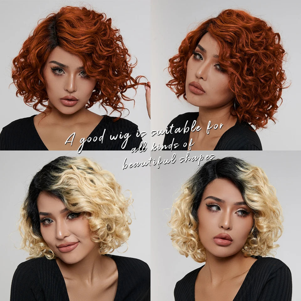 Short Curly Wave Bob Transparent Lace Front Human Hair Wigs - Various Colors Available