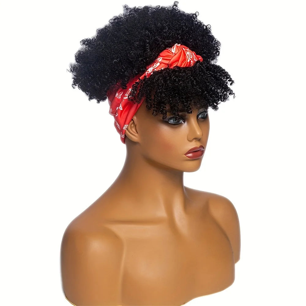 Short Kinky Curly Headband Synthetic Wigs With Bangs - Various Headband and Hair Colors Available