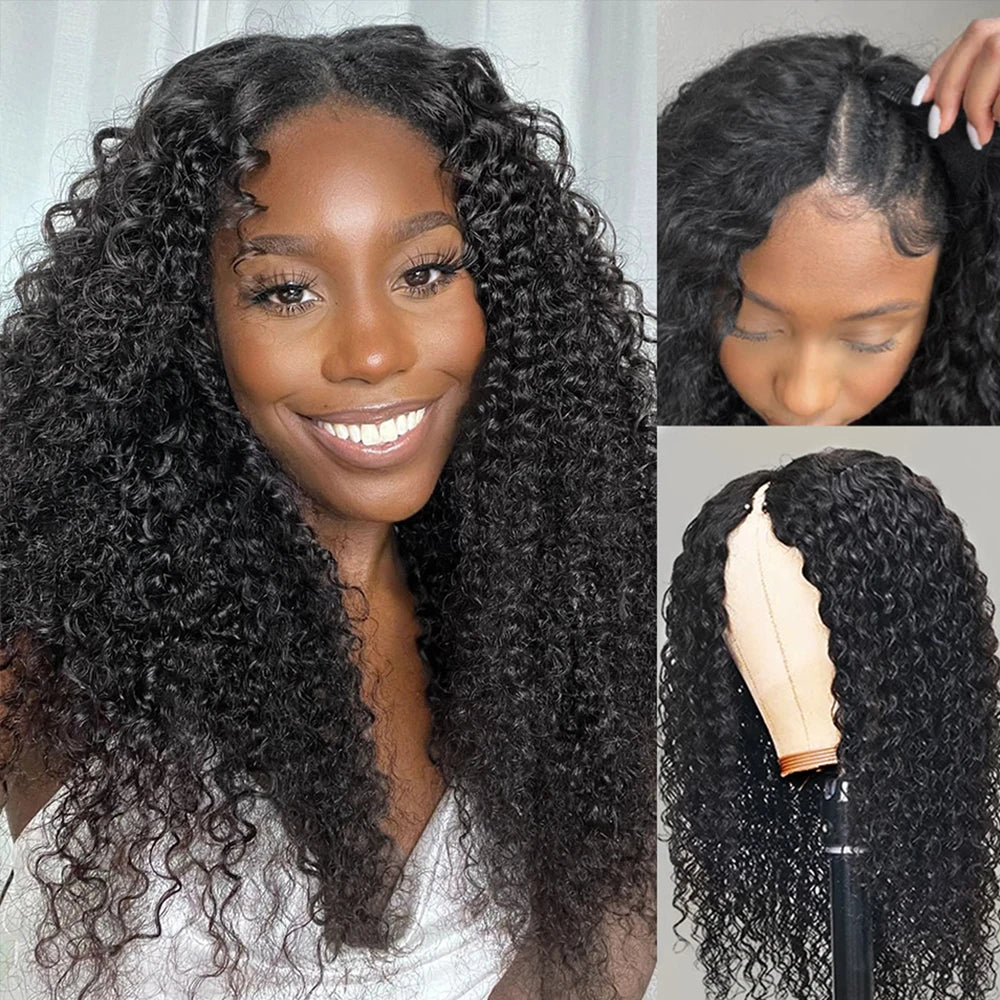 U & V Part Kinky Curly Human Hair Wigs