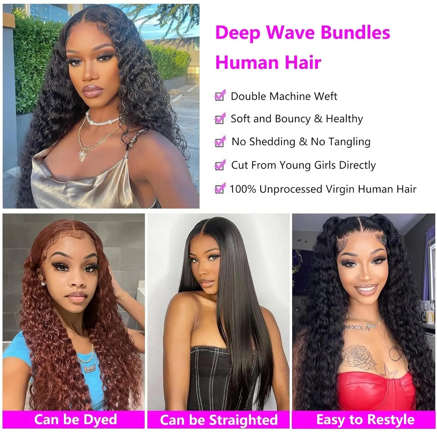 Deep Wave Brazilian Virgin Human Hair 3 Bundles With 4x4 Lace Closure
