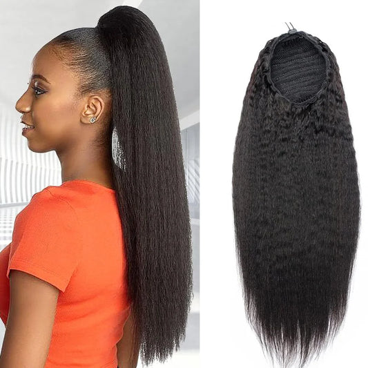 Yaki Straight 100% Human Hair Wrap Around Drawstring Ponytail Natural Black 1B