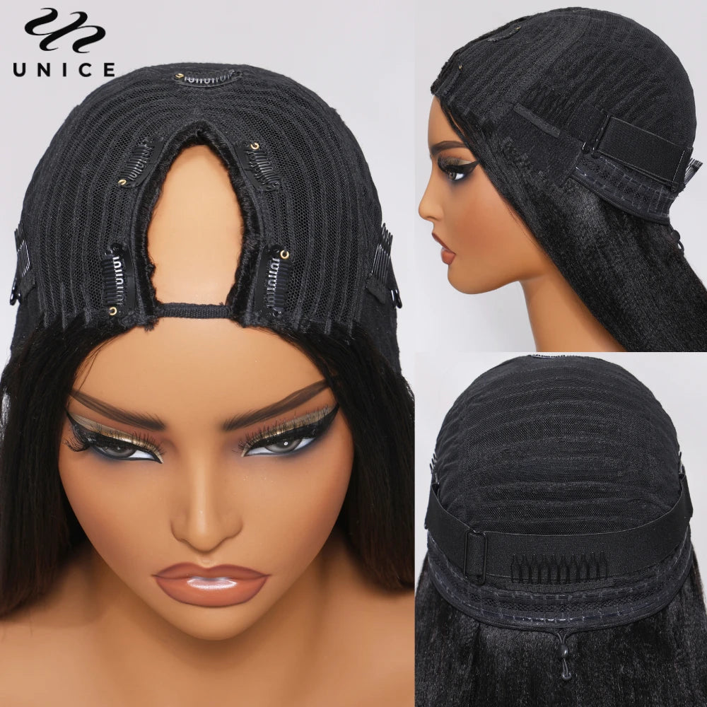 Drawstring Yaki Straight V Part Human Hair Wigs Mini Leave-Out