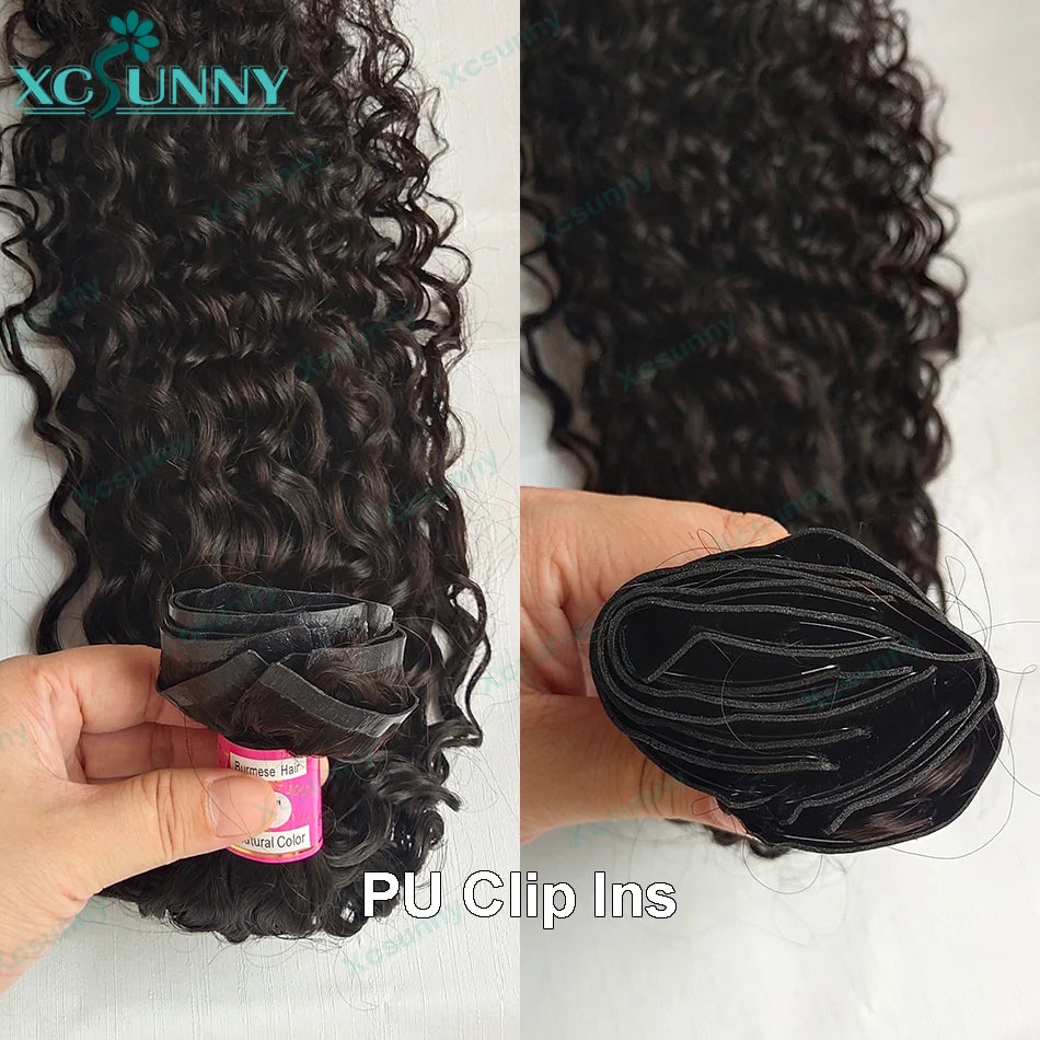 Burmese Water Wave Curly Seamless PU Human Hair Clip Ins