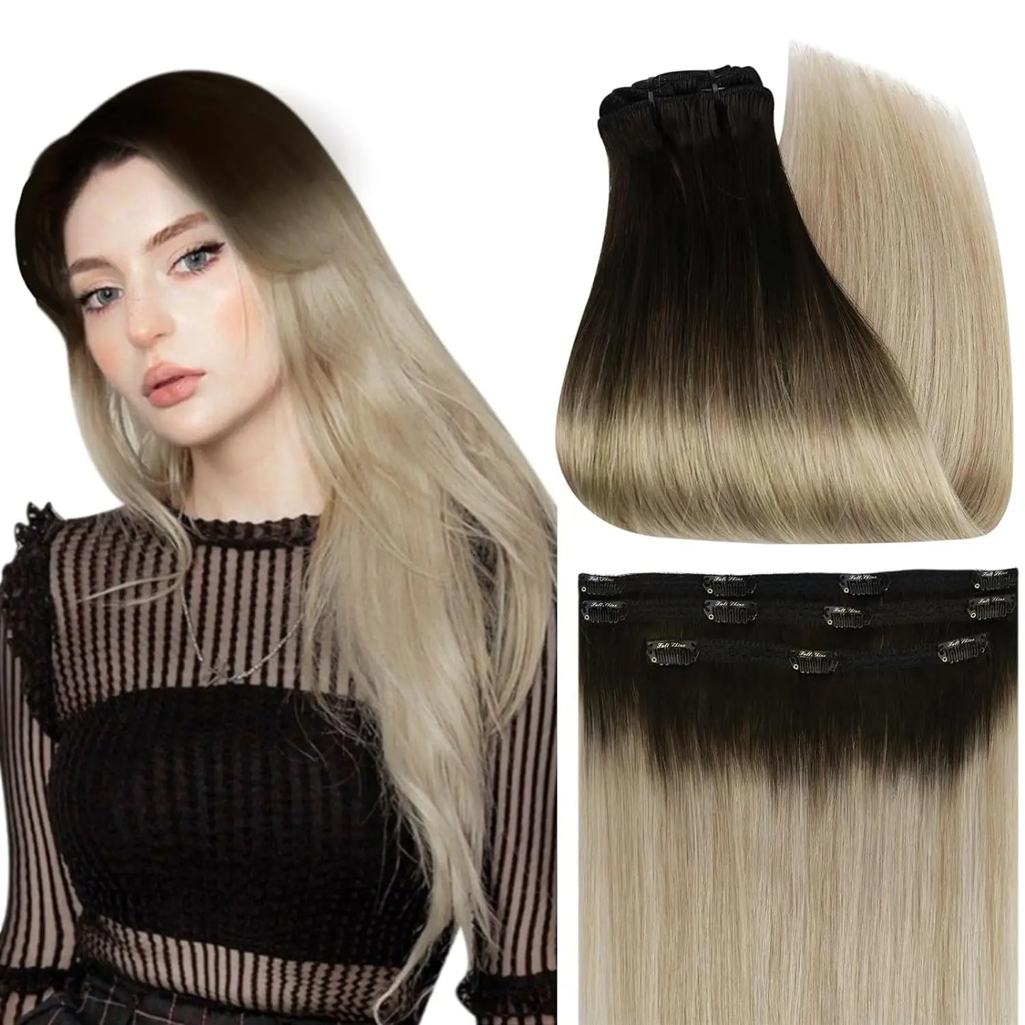 Full Shine Straight Human Hair 3pc Clip in Hair Extensions  - Various Colors Available
