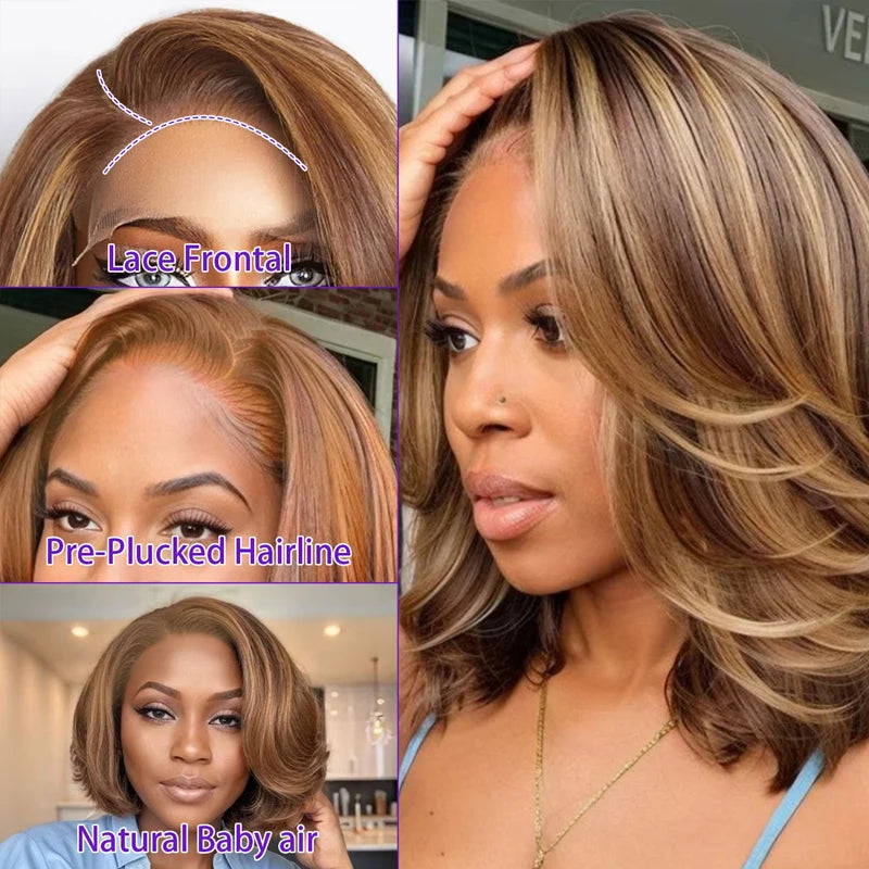 Short Body Wave Honey Blonde Highlight Lace Front Bob Glueless Human Hair Wig