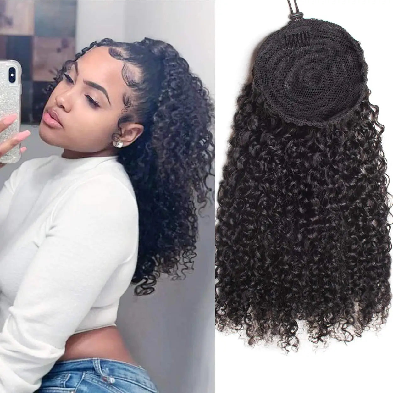 Kinky Curly Brazilian Virgin Human Hair Drawstring Ponytail