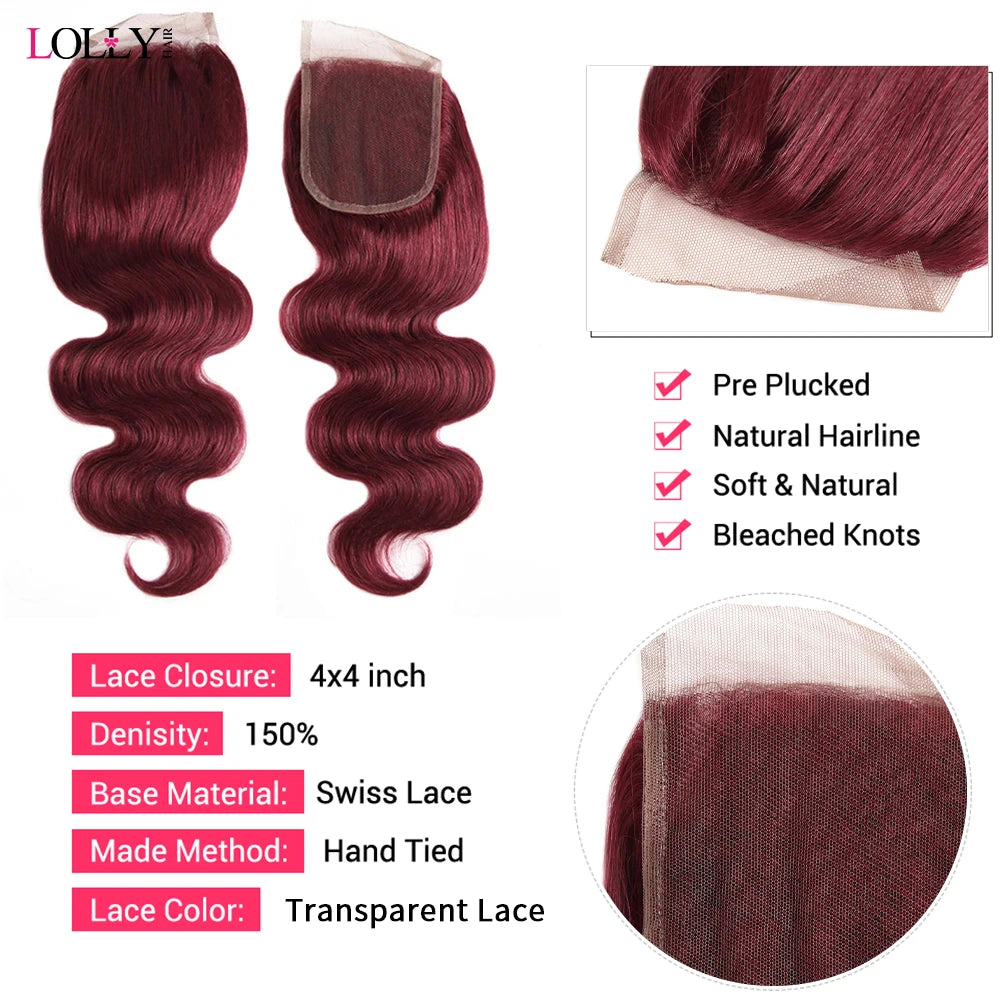 Body Wave Human Hair Bundles With Closure - Burgundy Color in Various Lengths