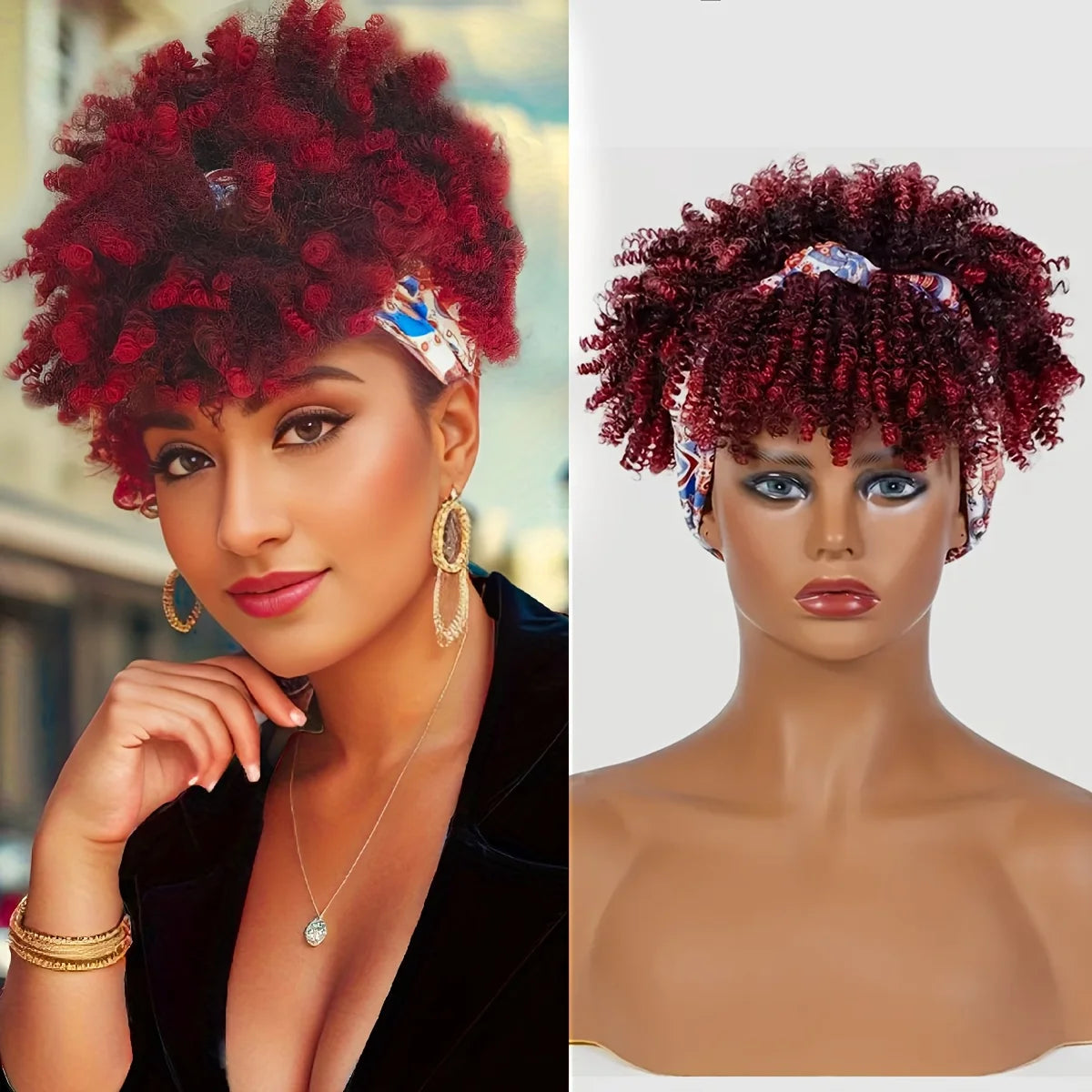 Short Kinky Curly Headband Synthetic Wigs With Bangs - Various Headband and Hair Colors Available