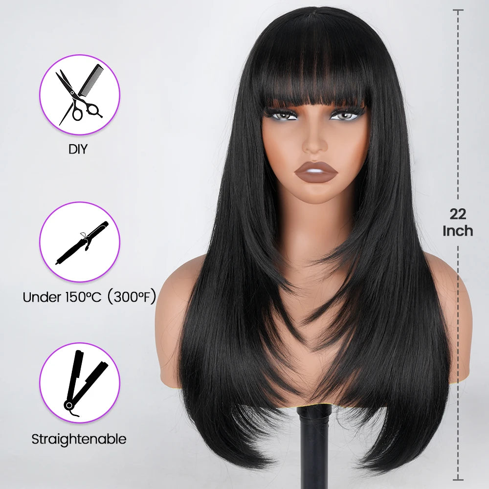 Synthetic Straight Layered Cut HD Lace Wigs With Bangs - Cinnamon and Black Colors Available