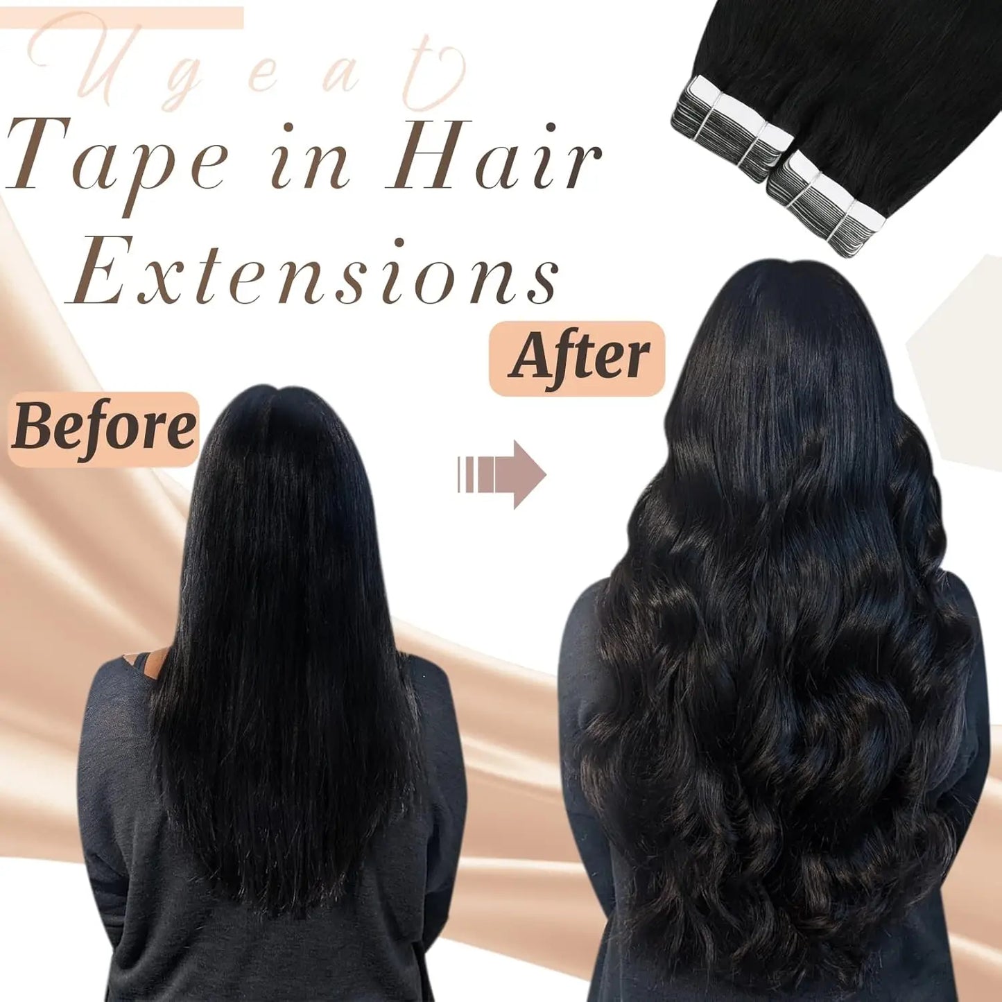 Jet Black Straight Human Hair Tape - In Extensions - Seamless Invisible