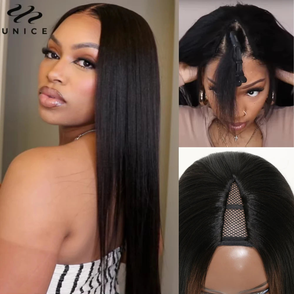 Drawstring Yaki Straight V Part Human Hair Wigs Mini Leave-Out