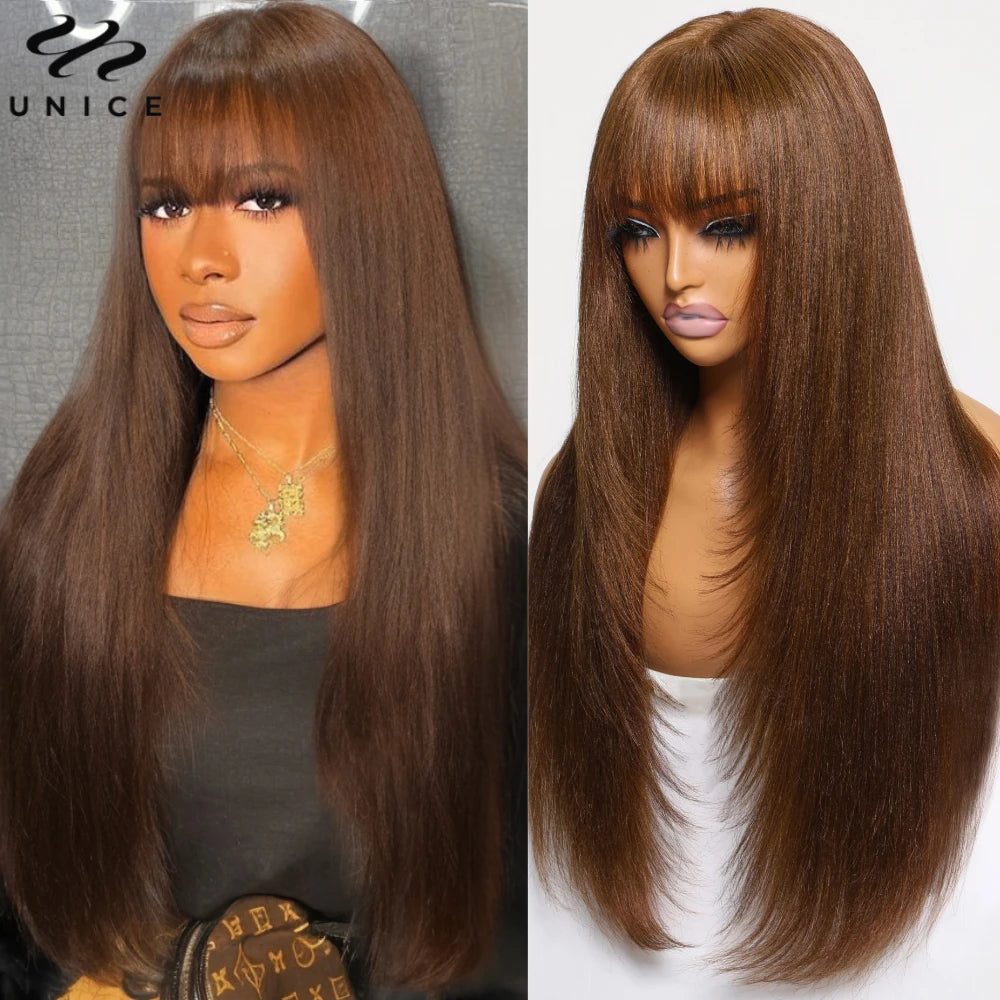 Yaki Straight With Bangs Layered Cut - Lace Front Human Hair Glueless Ready To Wear Wig
