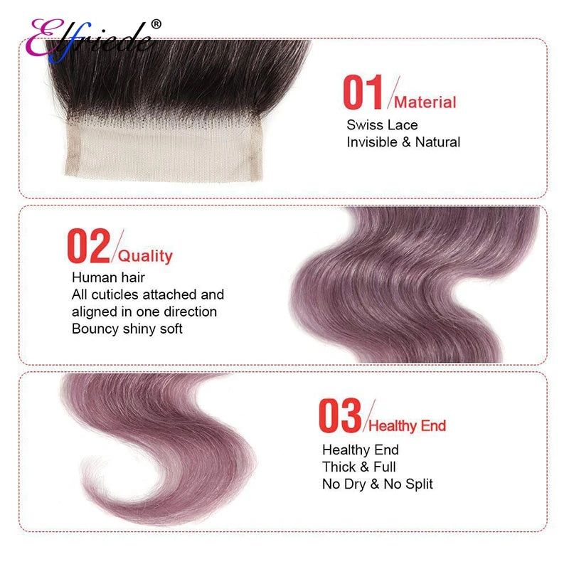 #1B/Dusty Pink Body Wave Hair Bundles with 4X4 Lace Closure - Human Hair