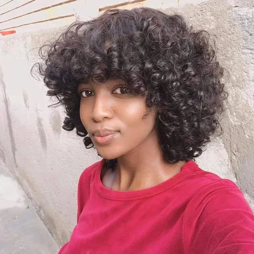 Afro Rose Curly Human Hair Wig with Bangs