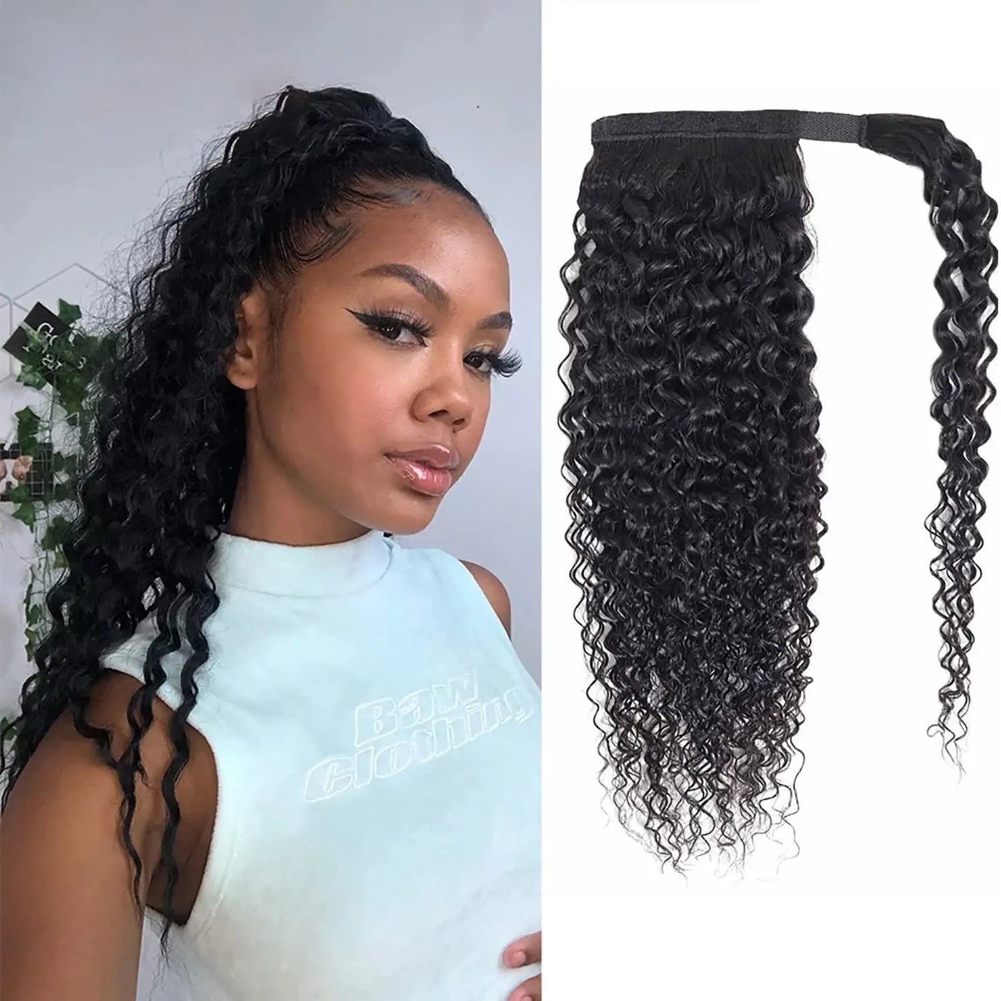 Human Hair Wrap Around Ponytail 10-32 Inches; Available in Straight, Body Wave, Water Wave & Kinky Curly (Natural Color)