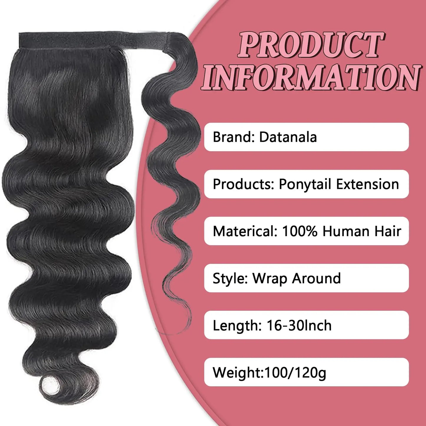 Human Hair Wrap Around Ponytail 10-32 Inches; Available in Straight, Body Wave, Water Wave & Kinky Curly (Natural Color)