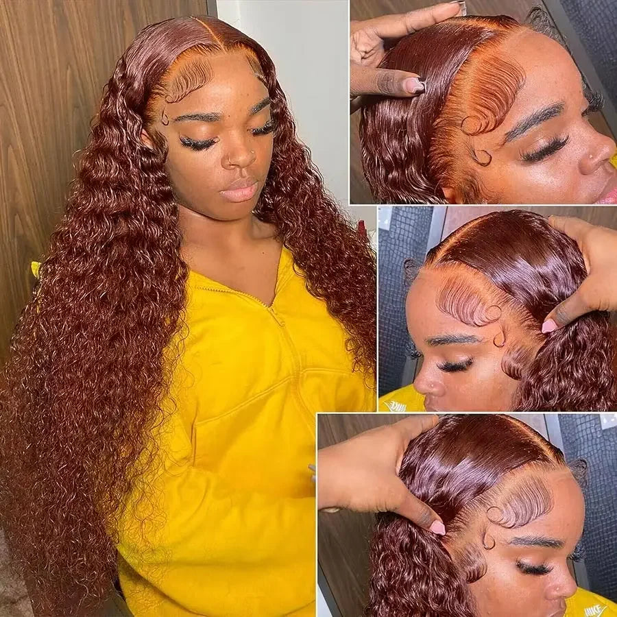 Reddish Brown Deep Curly Wave - HD Lace Frontal Human Hair Wig