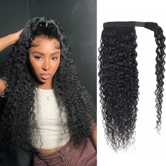Human Hair Wrap Around Ponytail 10-32 Inches; Available in Straight, Body Wave, Water Wave & Kinky Curly (Natural Color)