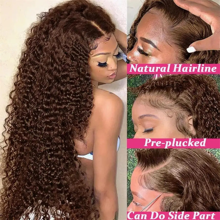 Chocolate Brown Brazilian Curly Wave - Glueless HD Lace Frontal Human Hair Wig
