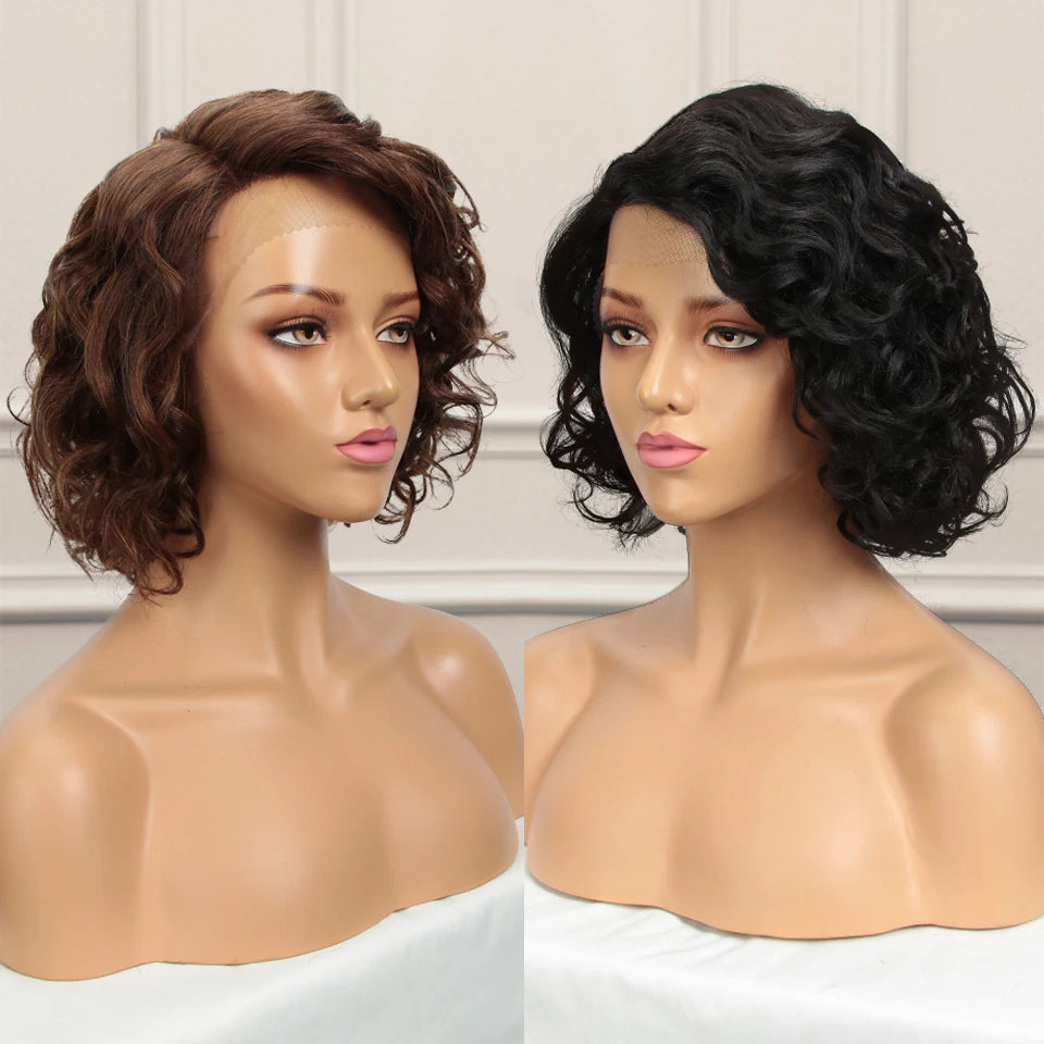 Short Curly Wave Bob Transparent Lace Front Human Hair Wigs - Various Colors Available