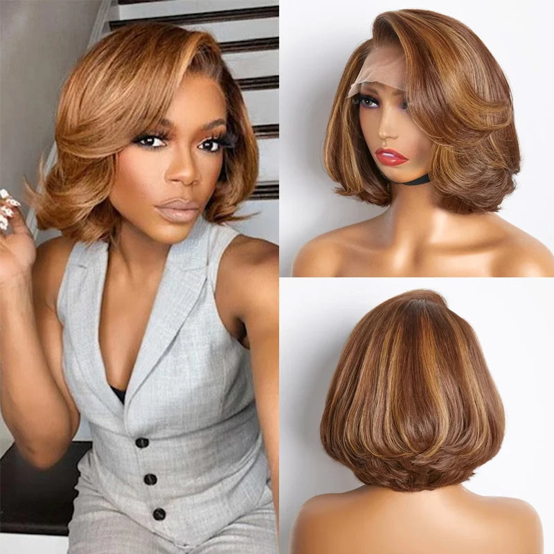 Short Body Wave Honey Blonde Highlight Lace Front Bob Glueless Human Hair Wig