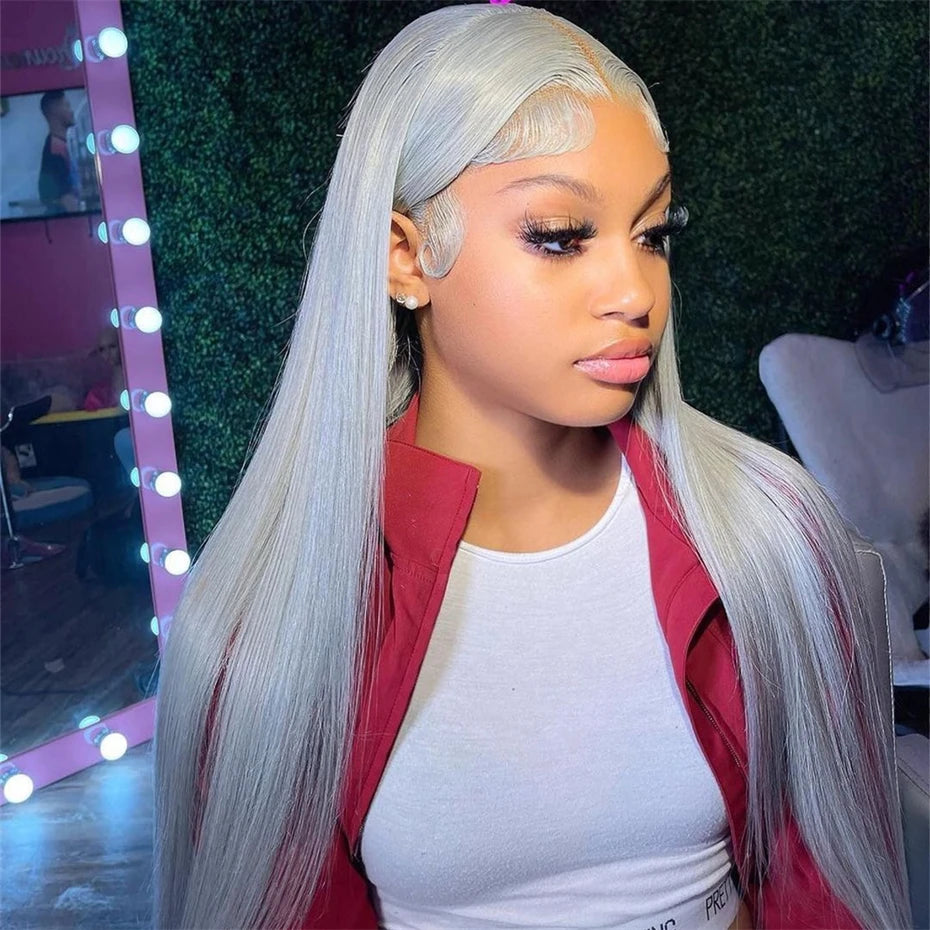 Silver Grey Brazilian Bone Straight or Body Wave - Pre Plucked Lace Front Human Hair Wig