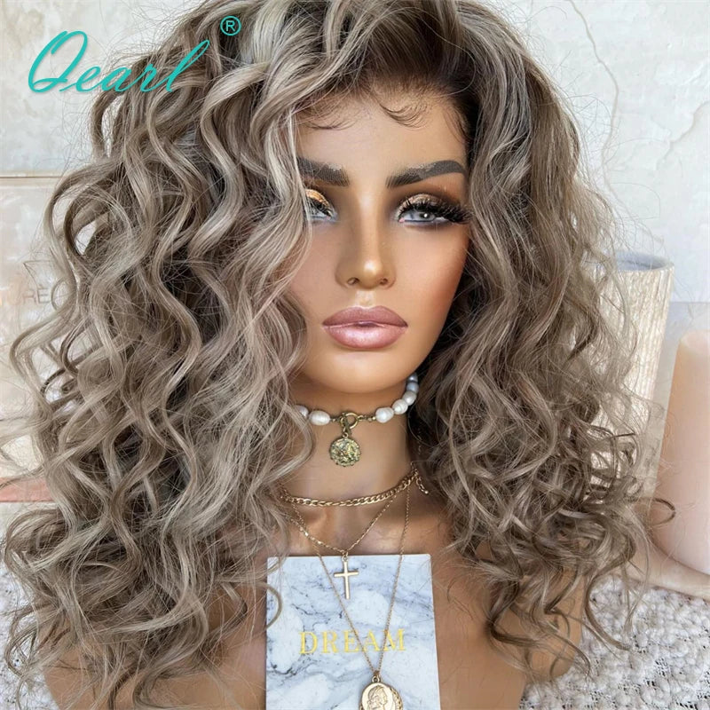 Loose Curly Pre Plucked HD Lace Front Free Parting Ombre Ash Blonde Brown Highlights Wig
