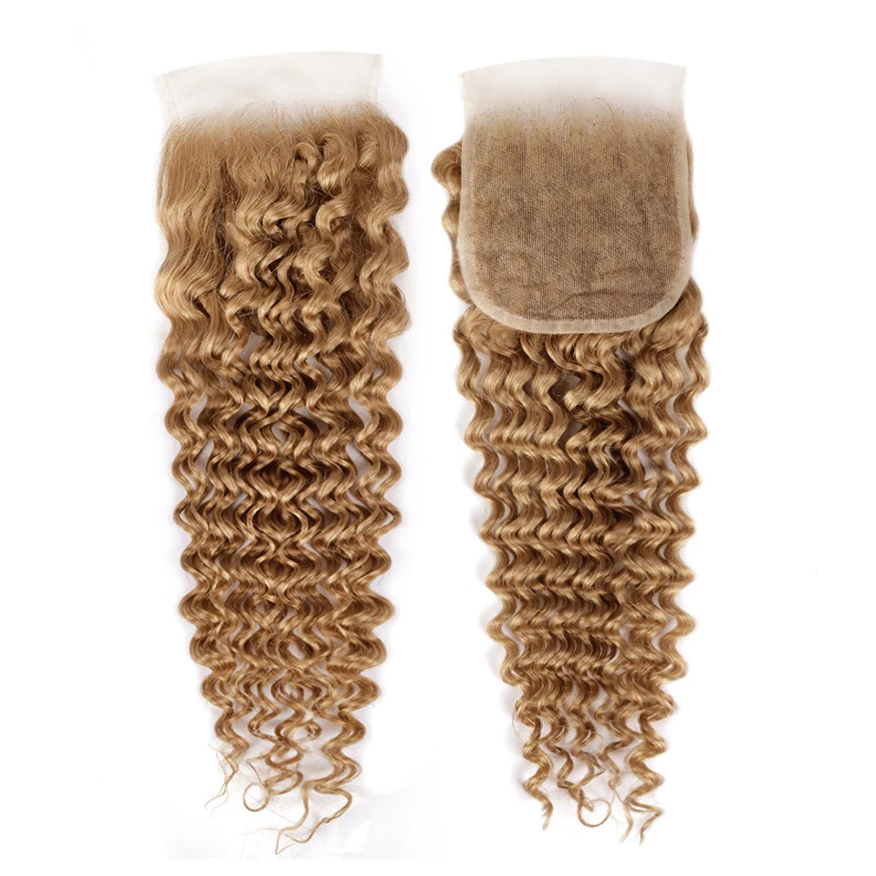 #27 Honey Blonde Deep Wave Human Hair Transparent Lace Closure or Frontal