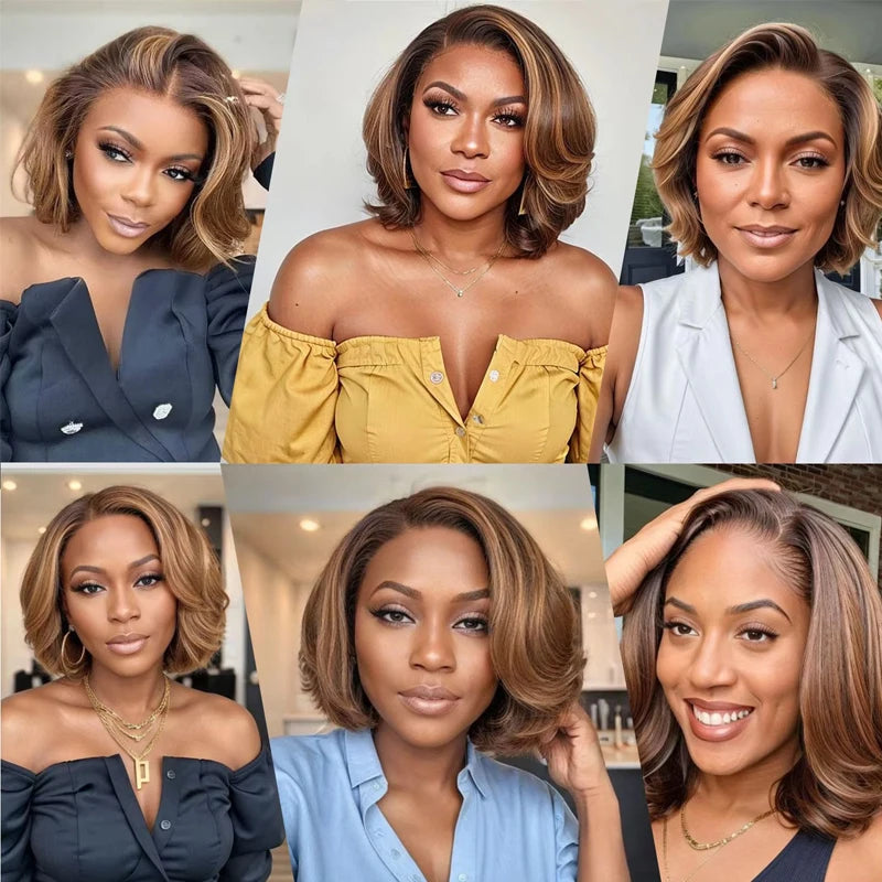 Short Body Wave Honey Blonde Highlight Lace Front Bob Glueless Human Hair Wig