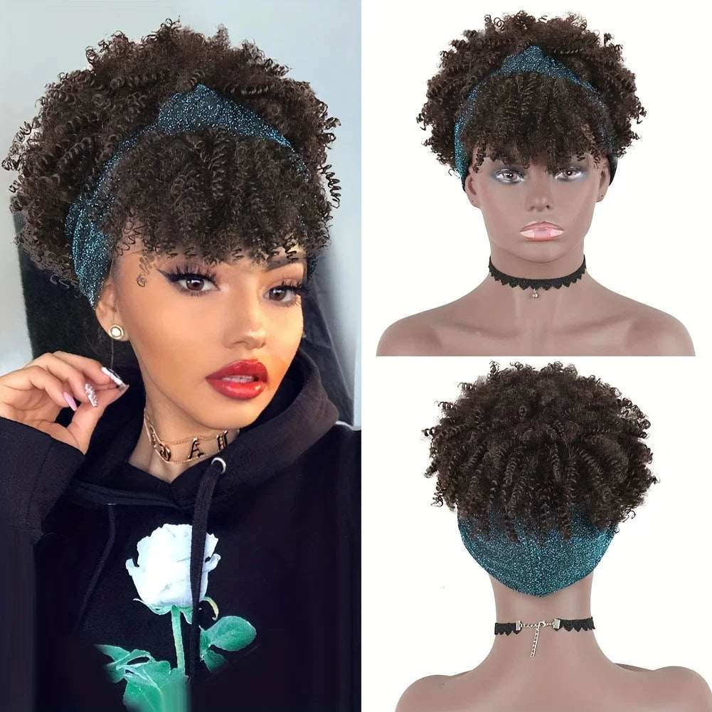 Short Kinky Curly Headband Synthetic Wigs With Bangs - Various Headband and Hair Colors Available