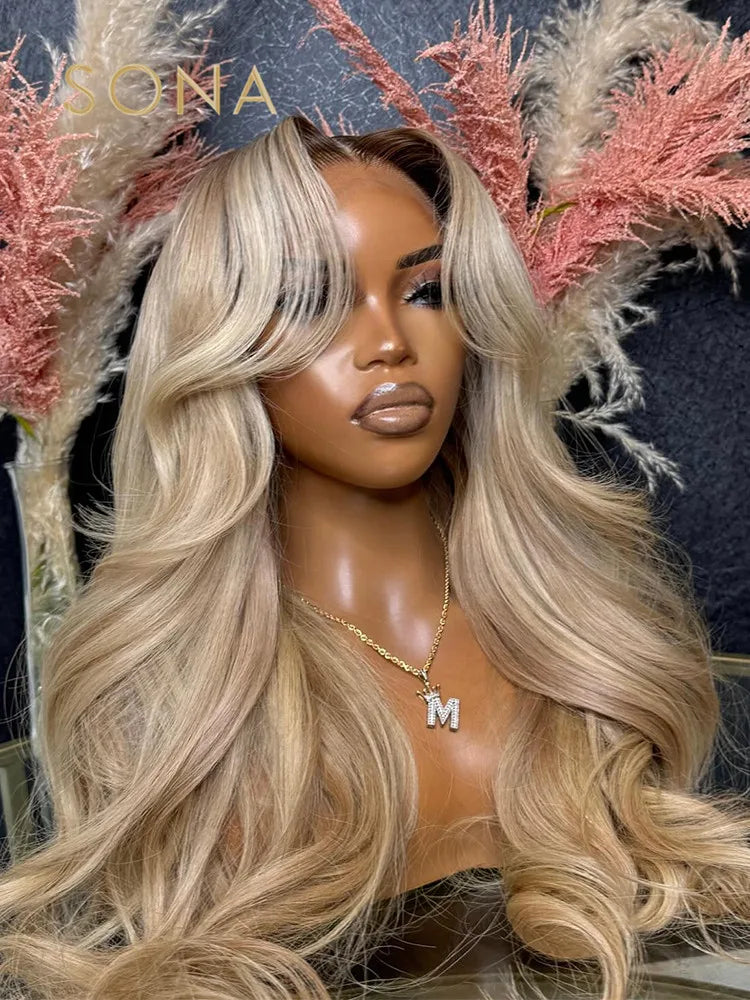 Ombre Ash Honey Blonde Body Wave HD Transparent Lace Frontal Human Hair Wig
