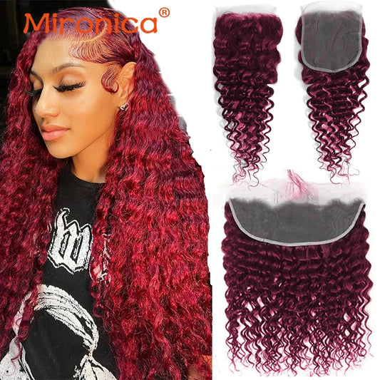 Burgundy Remy Deep Wave Human Hair Closure or HD Lace Frontal Pre Plucked