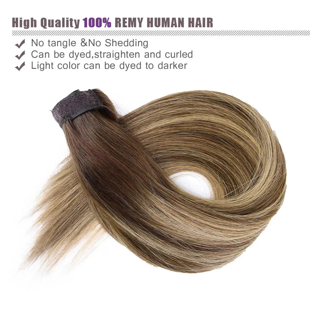 Straight Wrap Around Clip In Human Hair Ponytail, Ombre Highlight #4/27 Colors