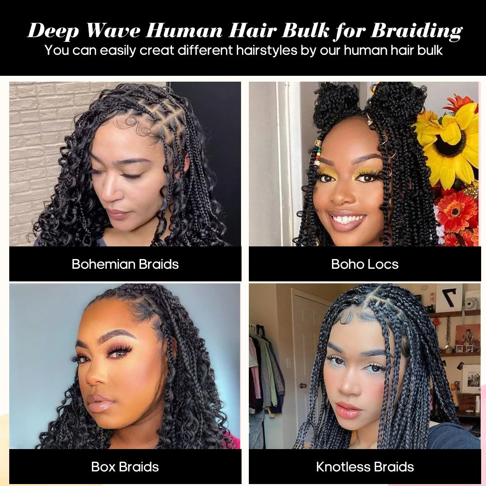 Deep Wave Bulk Human Hair for Braiding - Various Colors Available