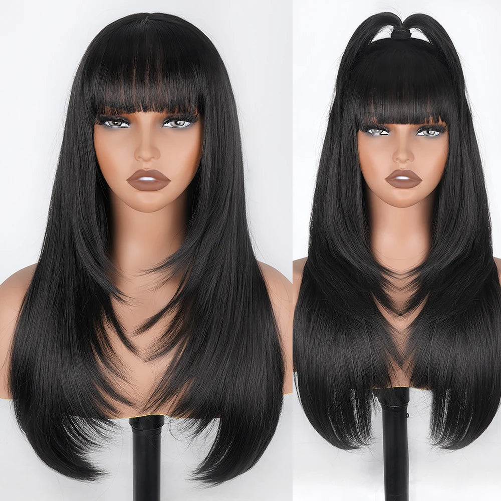 Synthetic Straight Layered Cut HD Lace Wigs With Bangs - Cinnamon and Black Colors Available