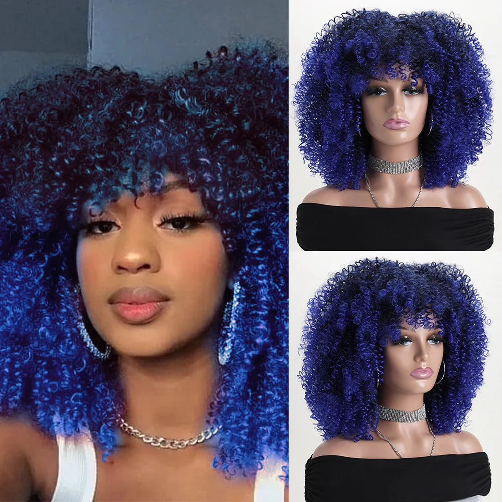 Synthetic 16 Inch Afro Kinky Curly Wigs With Bangs - Various Colors Available