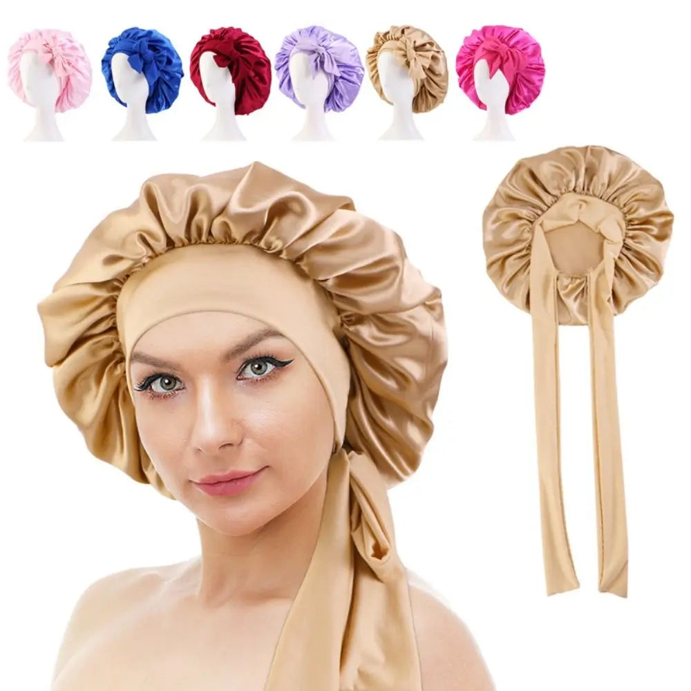 Silk Bonnet Sleeping Caps With Bow Headband