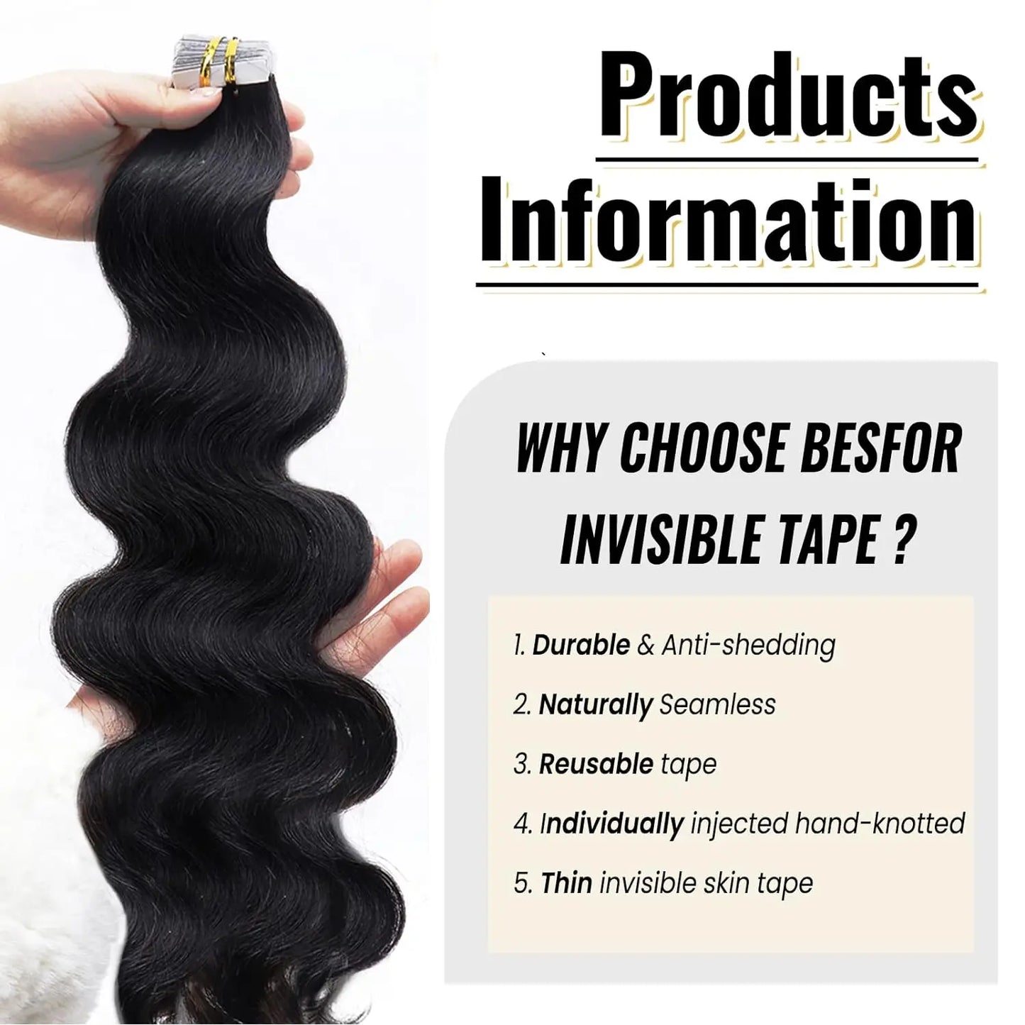 Body Wave Human Hair Tape - In Extensions, Natural Color (1B)